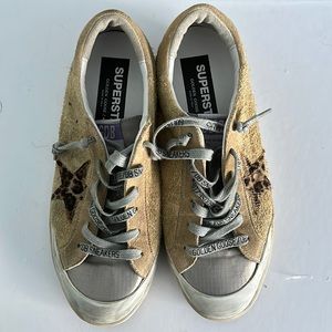 Golden Goose Sneakers. Tan Teddy material with leopard star. Size 10 women’s.